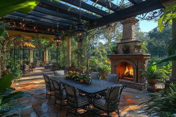 Obraz premium Large outdoor dining area with ornate iron table, striped chairs, and elegant fireplace under patio cover. Lush greenery, potted plants, olive tree, and soft hanging lights create a luxurious outdoor 