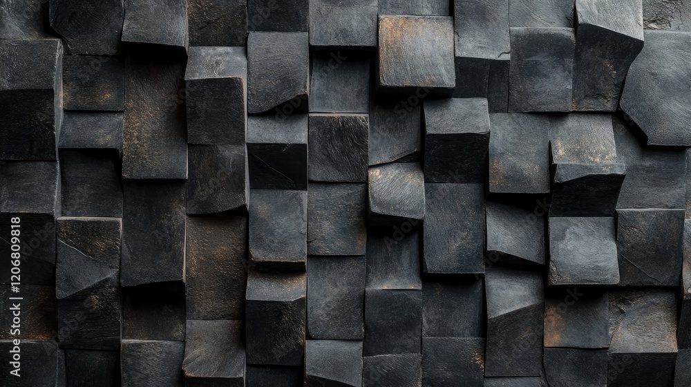 Aufkleber Black wall surface with an intricate pattern of dark bricks, creating a dramatic and textured abstract background. Ideal for dark, moody designs or vintage themes.