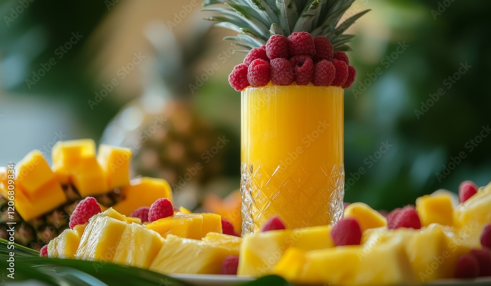 Poster refreshing pineapple mango raspberry smoothie in a glass.