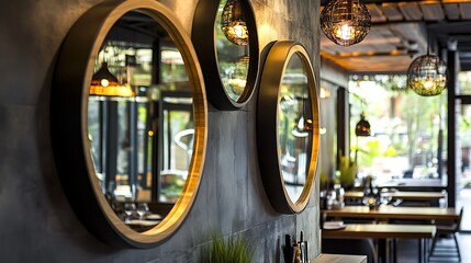 Round mirrors hanging on the wall reflecting interior design scene