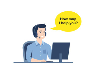 Friendly call center representative wearing a headset and working at a desk, symbolizing customer service, support, and communication