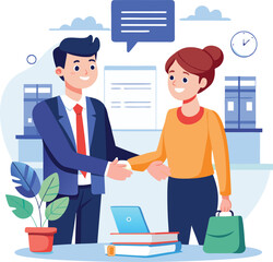 Obraz premium People shaking hands at work - Two businesspeople, man and woman doing handshake in office at work while smiling over business agreement and deal. Flat design stock illustration on white background