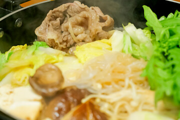 Japanese home-style “Sukiyaki” - a one-pot dish filled with beef, vegetables and mushrooms