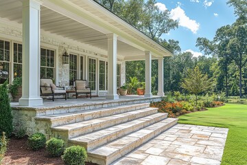 Large white front porch with stone steps and arbor entrance to a home in Lapine Lake, Georgia. Two chairs and lush trees create a peaceful outdoor setting with green grass underfoot.