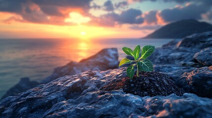 Small green sprout emerging from rough terrain at sunrise Concept growth hope nature digital art