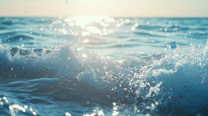 Calm, clear blue water waves with soft splashes and bubbles under sunlight. Ideal for clean, fresh beauty product advertising and emulsion presentations.
