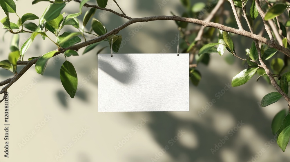 Poster clean white business card clipped on a tree branch, with soft green background and seasonal nature v