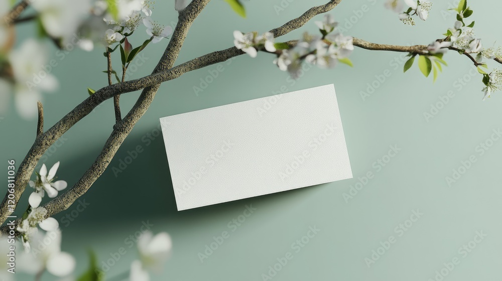 Aufkleber clean white business card clipped on a tree branch, with soft green background and seasonal nature v