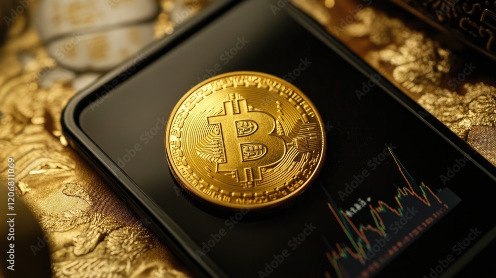 Poster close-up of a bitcoin gold coin placed on a black mobile phone screen, with trading graphs in the ba