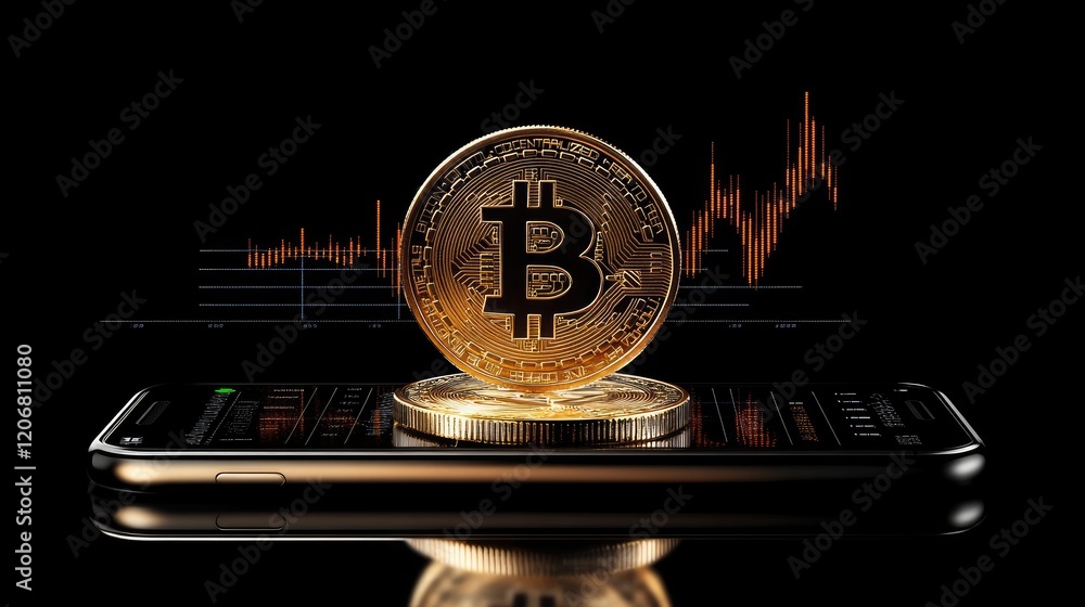 Poster close-up of a bitcoin gold coin placed on a black mobile phone screen, with trading graphs in the ba