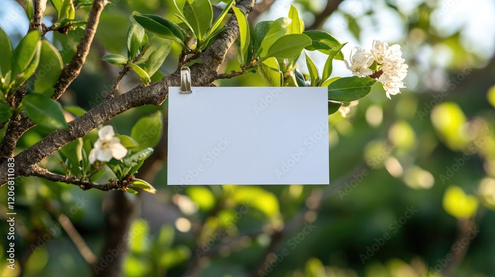 Poster clean white business card clipped on a tree branch, with soft green background and seasonal nature v