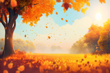 Autumn Forest with Falling Leaves in Warm Sunlight

