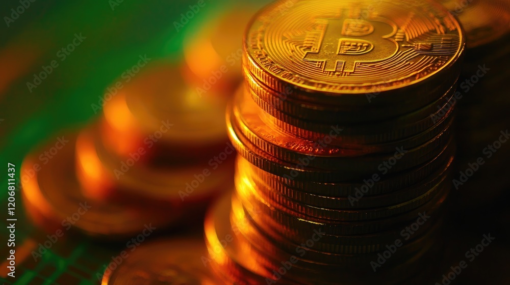 Aufkleber close-up of a golden coin stack, with vibrant green and orange financial charts and graphs in the ba
