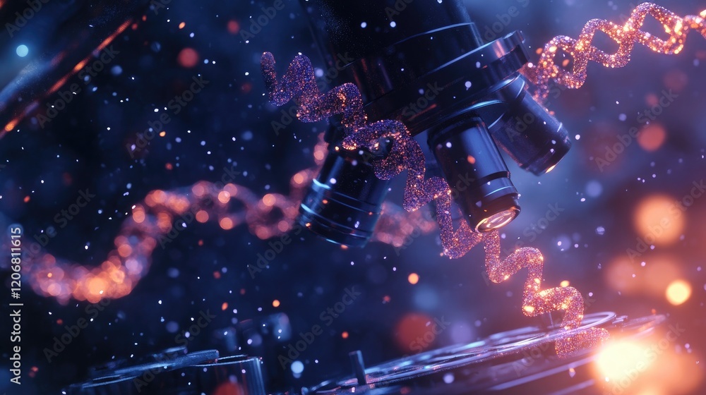 Poster Close-up of a microscope on a laboratory background, featuring a macro image of DNA in an animated style. Concept of innovative medical technology and cutting-edge science.