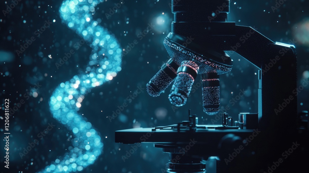 Poster Close-up of a microscope on a laboratory background, featuring a macro image of DNA in an animated style. Concept of innovative medical technology and cutting-edge science.