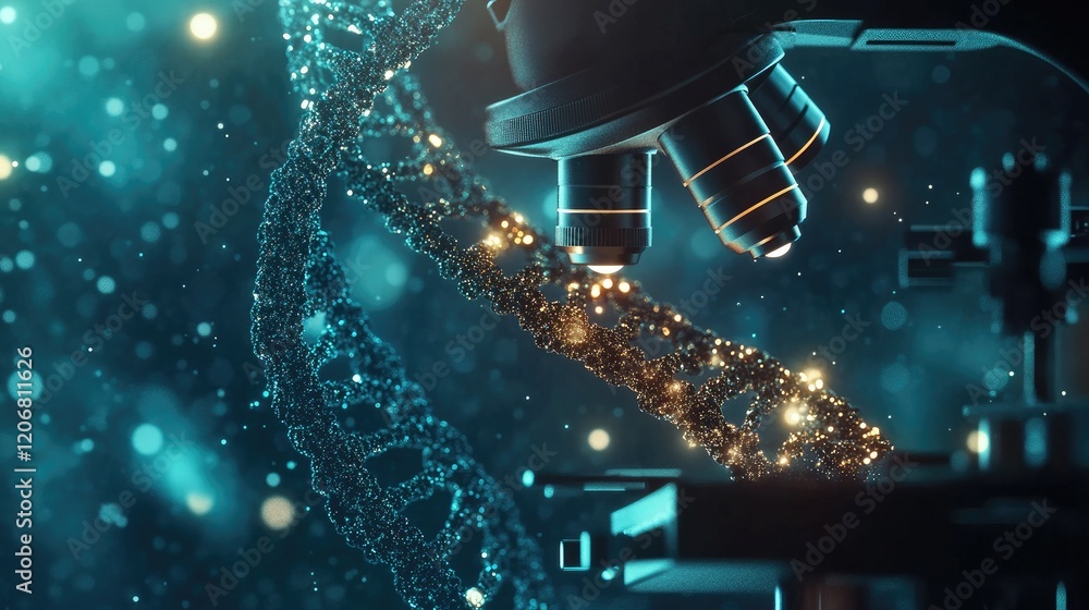 Aufkleber Close-up of a microscope on a laboratory background, featuring a macro image of DNA in an animated style. Concept of innovative medical technology and cutting-edge science.