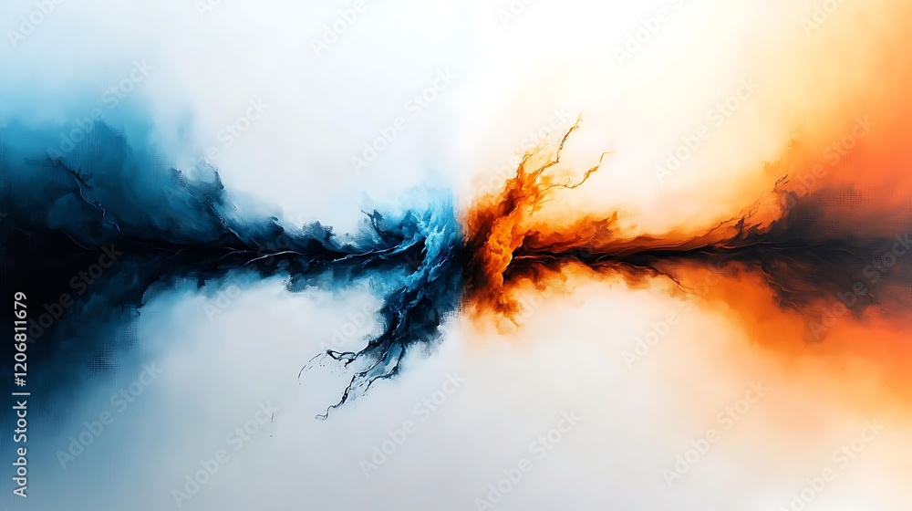 Poster abstract art blue and orange swirls collide, creating a dynamic energy. background is white. use web