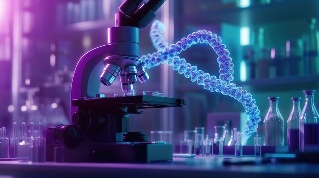 Close-up of a microscope with a macro view of DNA strands in an animated style, set against a background of laboratory equipment, symbolizing medical innovation.