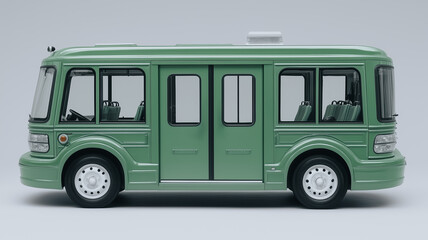 Green Electric Shuttle Bus: A side profile view of a modern, eco-friendly electric shuttle bus in a muted green hue. Clean lines and a sleek design convey efficiency and sustainability. 