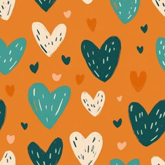 Teal hearts with orange geometric shapes seamless pattern, repeating pattern, burnt orange background, valentine pattern