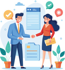 People shaking hands at work - Two businesspeople, man and woman doing handshake in office at work while smiling over business agreement and deal. Flat design stock illustration on white background