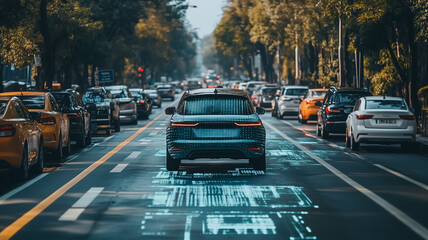 Obraz premium Autonomous Vehicle in City Traffic: A dark-blue SUV navigates busy city streets, showcasing futuristic augmented reality projections on the road surface.