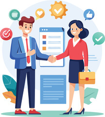 People shaking hands at work - Two businesspeople, man and woman doing handshake in office at work while smiling over business agreement and deal. Flat design stock illustration on white background