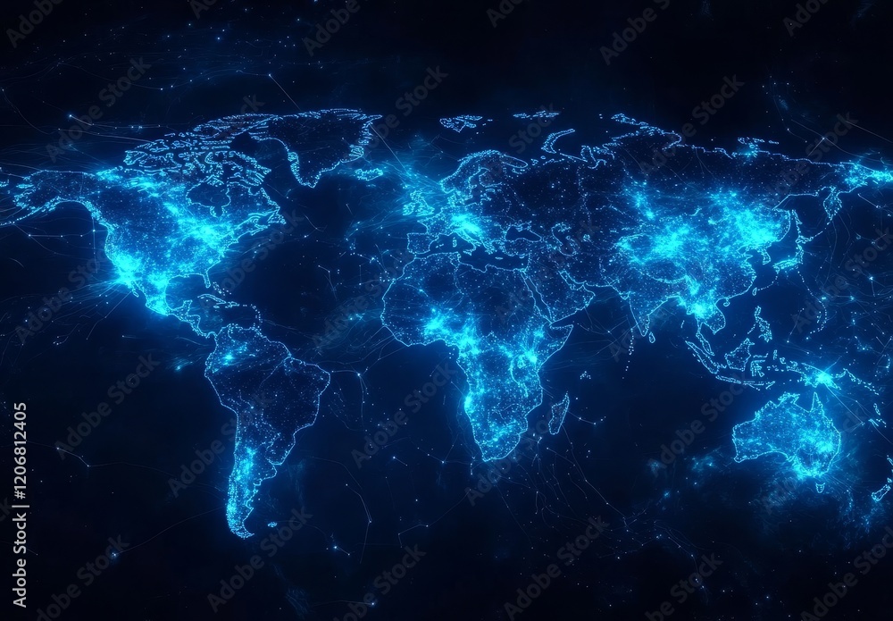 Poster Glowing blue world map with interconnected nodes illustrating global network.