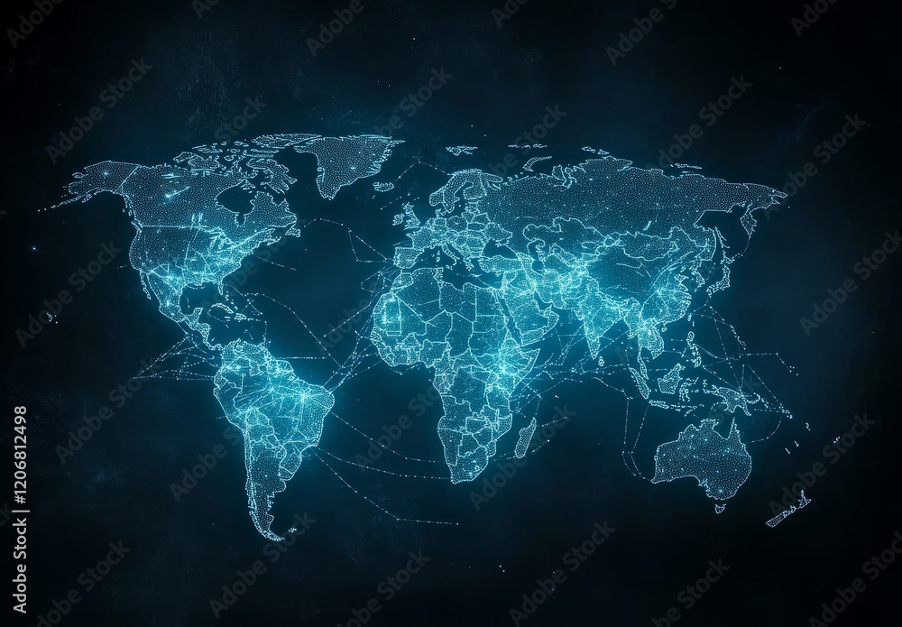 Poster Glowing digital world map showing global network connections.