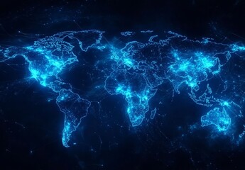 Glowing blue world map with interconnected nodes illustrating global network.