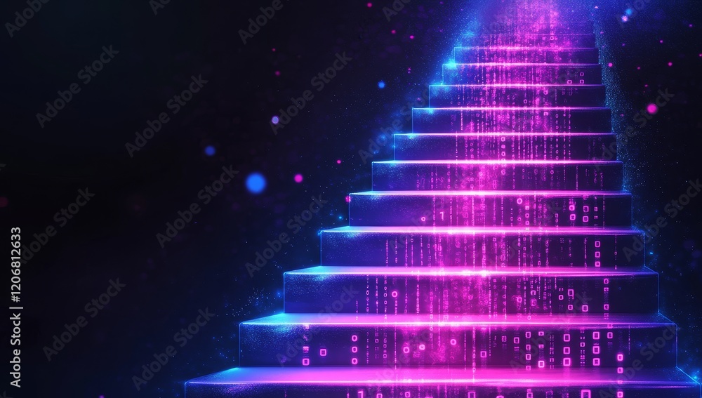 Poster glowing neon stairs ascending into digital data stream.