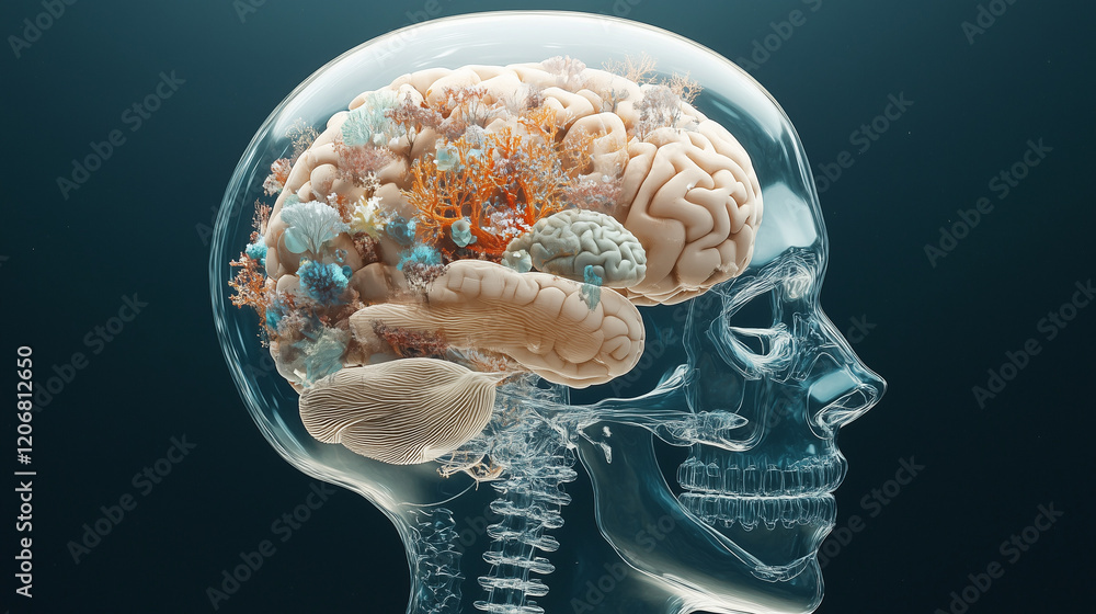 Poster mind's complexity: a surreal, transparent skull reveals a complex network of organs and structures w