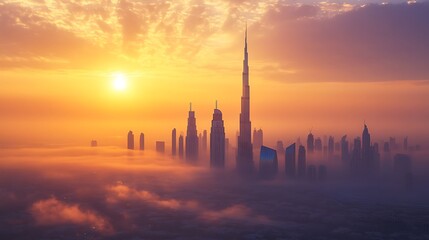 Sunset view highlighting the skyline of a city with tall buildings
