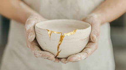 Golden Kintsugi: A pair of hands cradles a handcrafted ceramic bowl, showcasing the art of Kintsugi.  The bowl's cracks are meticulously repaired with gleaming gold.