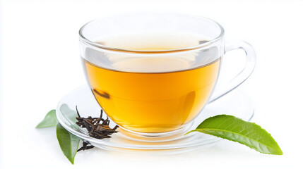 Aromatic Tea Cup: A steaming cup of tea sits on a glass saucer, accompanied by fresh tea leaves, promising warmth, comfort, and tranquility.