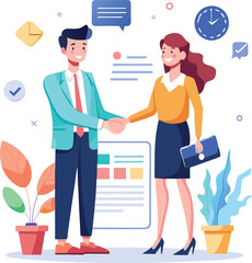 People shaking hands at work - Two businesspeople, man and woman doing handshake in office at work while smiling over business agreement and deal. Flat design stock illustration on white background