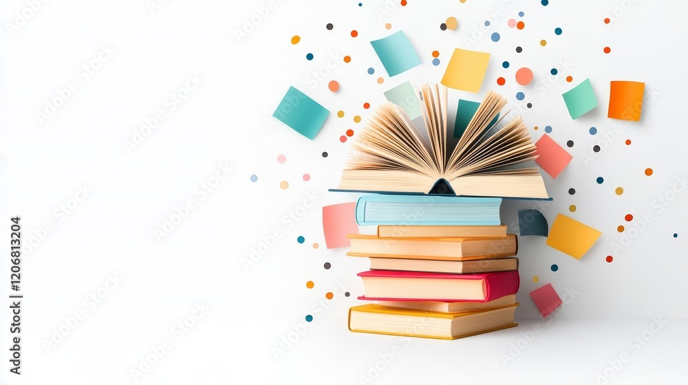 Aufkleber creative composition of colorful books with open pages surrounded by assorted confetti on white back