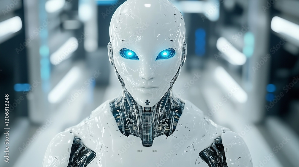Poster the rise of artificial intelligence: a close-up portrait of a humanoid robot with glowing blue eyes,