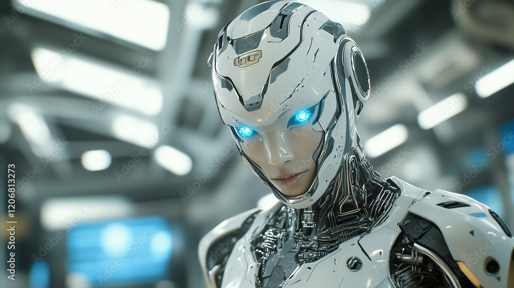 Poster humanoid robot with glowing eyes: a close-up view of an advanced humanoid robot with captivating blu