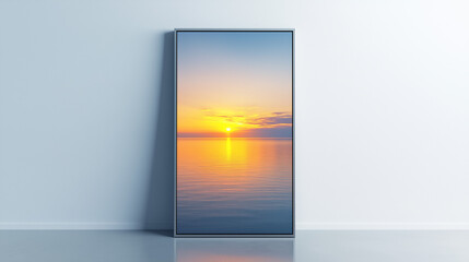 Framed sunset ocean artwork in a minimalist room