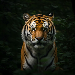 Obraz premium Tiger in Dark Forest Close-up Portrait