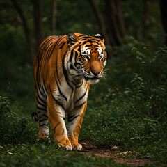 Fototapeta premium Tiger Walking Through Forest with Orange and Black Stripes