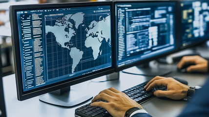 Global Data Analysis: A close-up of a computer screen displaying a world map alongside lines of complex code. The image conveys the concept of global data analysis, cyber security.
