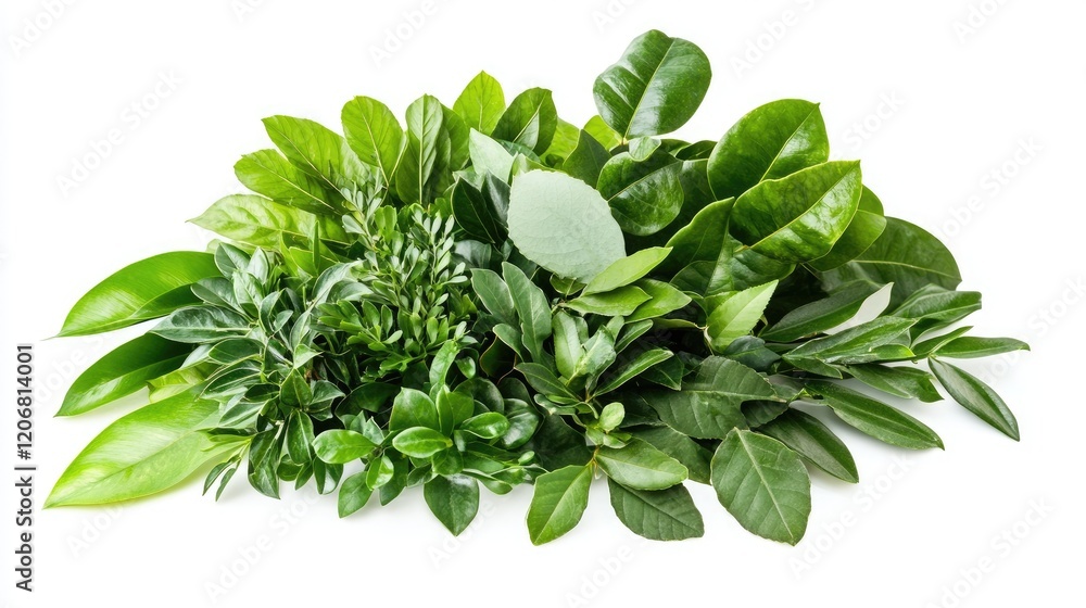 Poster close-up view of a bouquet made entirely of various fresh green tropical leaves, isolated on a white
