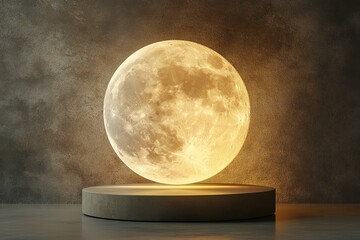 Illuminated full moon on a pedestal against a dark textured background.