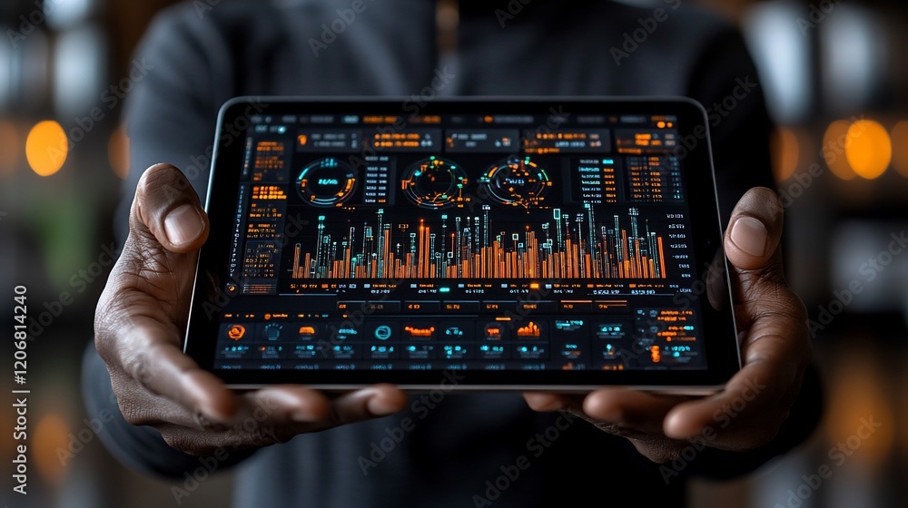 Poster person presenting tablet displaying data analytics.