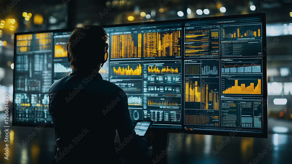 Poster data analyst in a world of numbers: a silhouette of a data analyst intently studying a vast array of