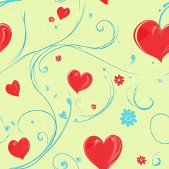 Ruby red hearts with powder blue swirling lines and flower details seamless pattern, repeating pattern, pastel lime green background, valentine pattern 