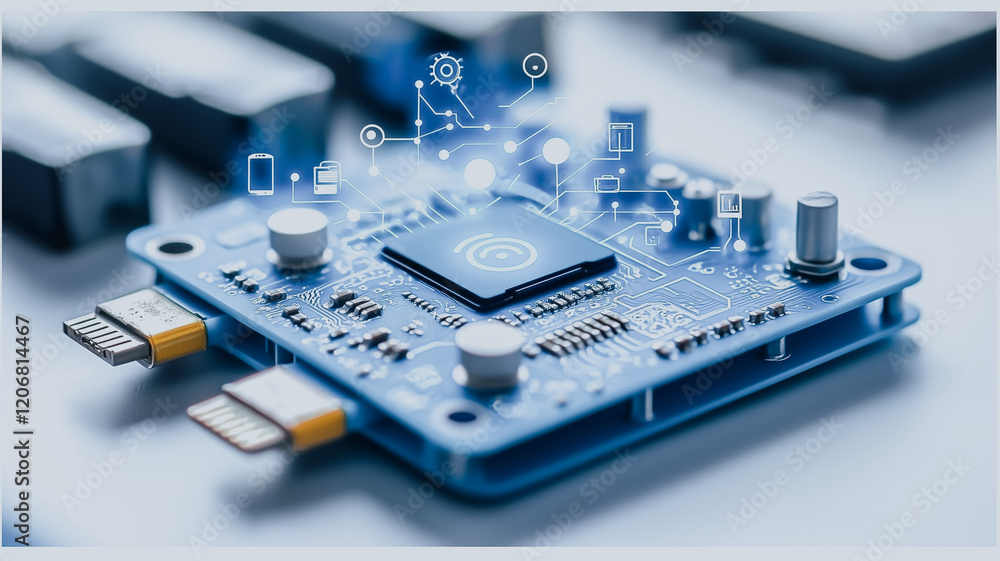 Aufkleber circuit board innovation: a close-up shot of a circuit board with a central processor chip. the boar