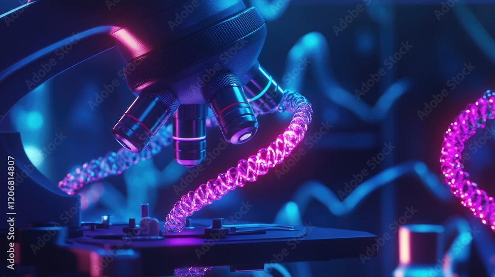 Poster Detailed close-up of a microscope, highlighting DNA in an animated style, surrounded by laboratory tools. Represents innovative medical technology and molecular research.